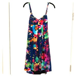 Colorful silk-like dress with a tie-up back